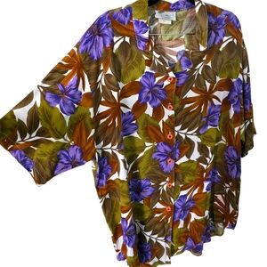 Retro Antels Tropical‎ Floral Short Sleeve Button Down Blouse